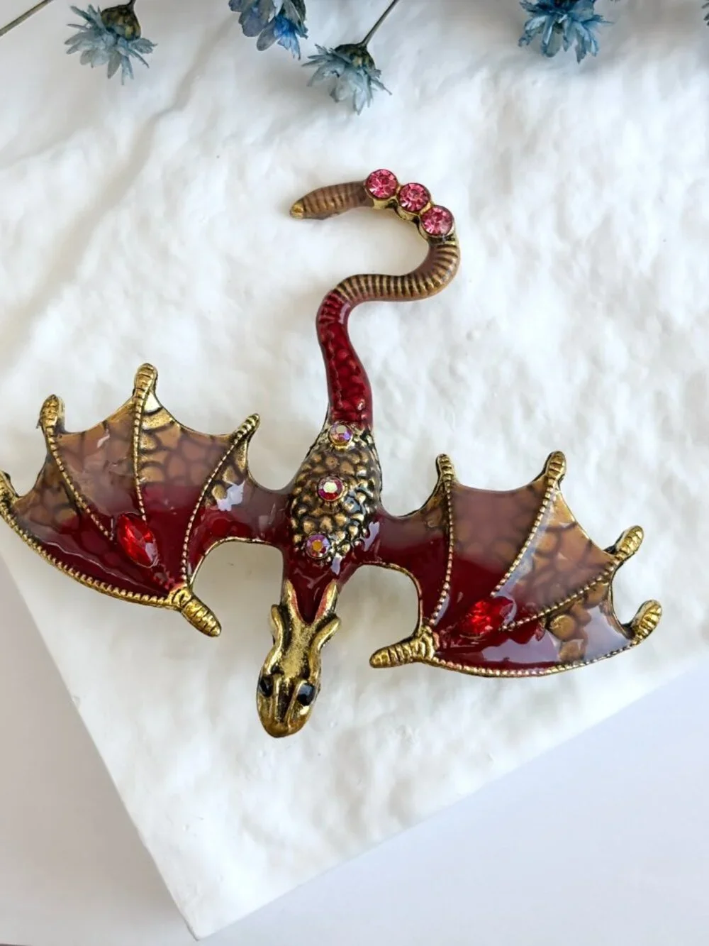 Flying Dragon Figural Red Winged Enameled Rhinestone Ornate Textured Brooch Pin